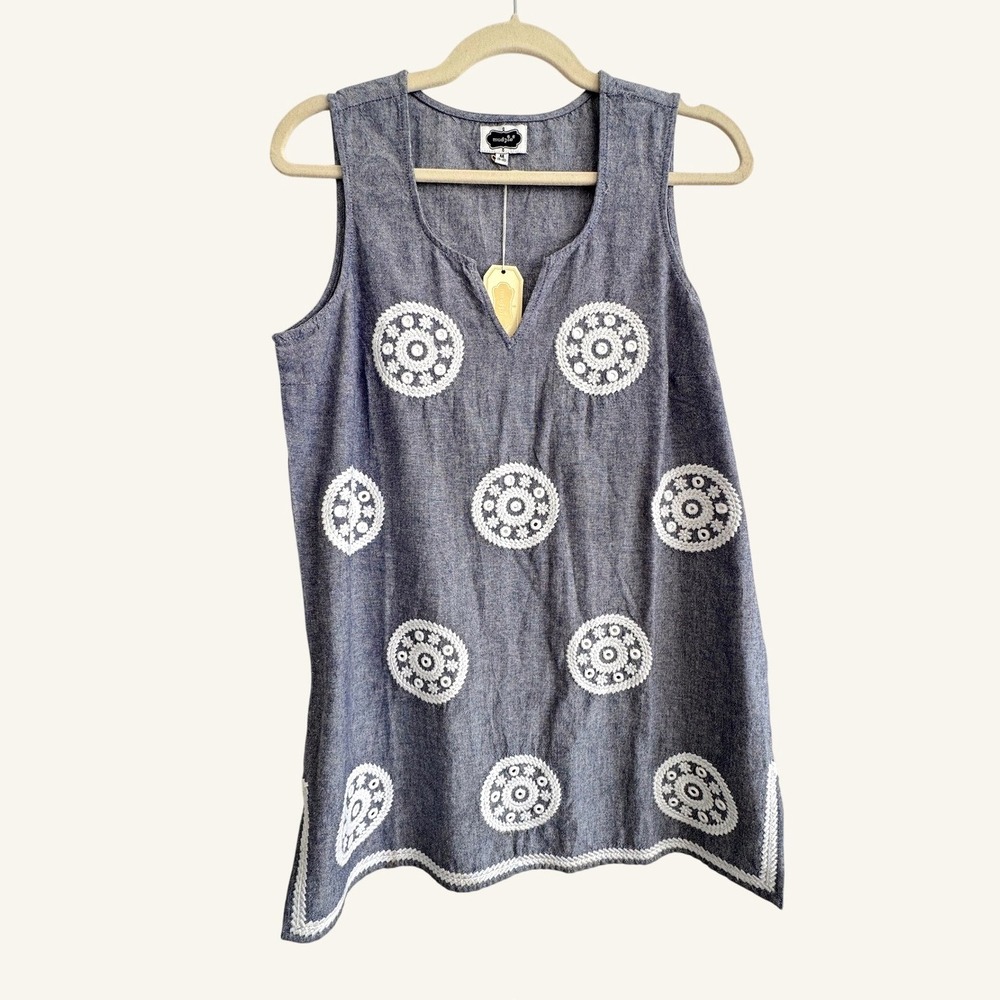 100% Cotton Chambray Coastal‎ Resort Size Medium Embroidered Sleeveless Tunic